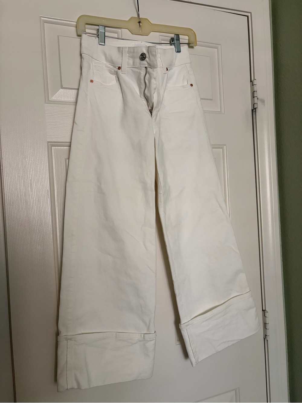 PAIGE White Wide-Leg Cuffed Jeans